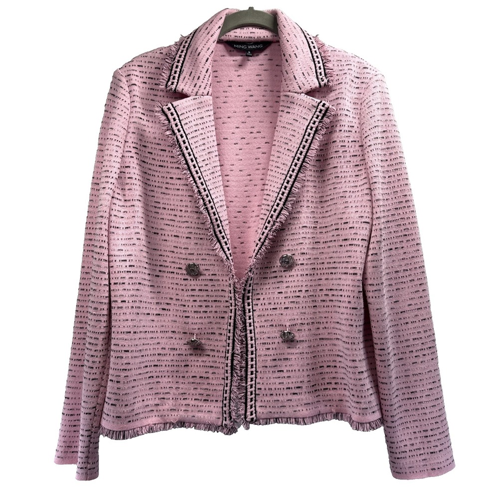 Ming Wang Pink Black Fringed Blazer Size S Silver Buttons Hook Eye Closure Tweed